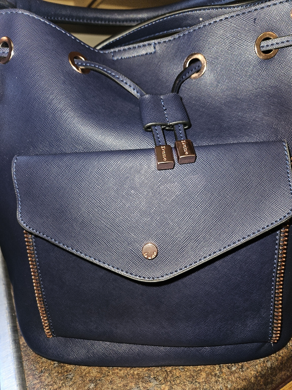 Dune London Navy Blue Bucket Bag with Rose Gold-Tone/Copper Hardware NWOT - Picture 5 of 16